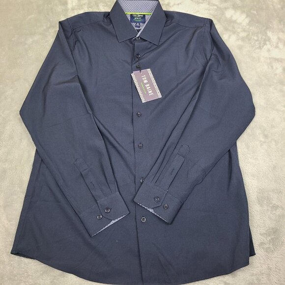 Tom Baine Performance Collection Slim Stretch Navy Blue Print Shirt XL 17-17 1/2 - Picture 1 of 7
